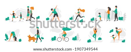 Healthy family. Cartoon people doing sport exercises. Men and women riding bicycles and scooters, running or roller skating, walking with dogs. Yoga and fitness training. Vector outdoor workout scenes
