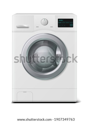 Washer. Realistic domestic electronic device. 3D household appliances for cleaning laundry at home. White automatic machine washes garment with water and detergent. Vector modern housework equipment