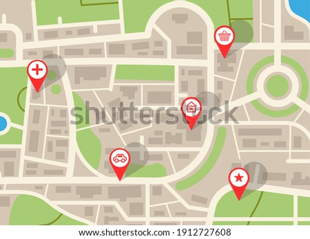 City map. Navigation plan with red pins. Online GPS application, web navigational service with icons of shops. Top view of downtown with streets or crossroads and districts. Vector roadmap mockup