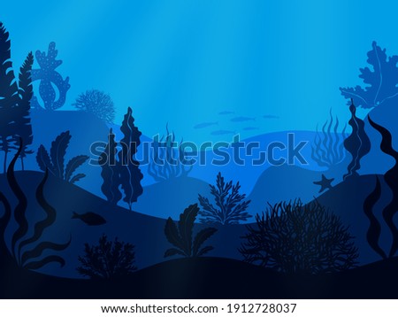 Underwater seabed. Deep ocean seascape. Hilly undersea bottom with growing seaweed and swimming fish. Blue marine scenery. Aquatic ecosystem with water animals and plants. Vector seascape illustration
