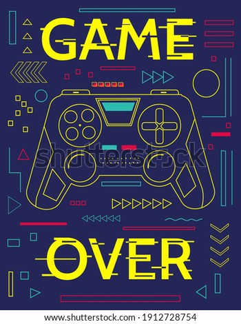 Game print. Minimal poster with controller and abstract geometric outline shapes. Game over banner. Blue contour figures and yellow lettering with glitch effect. Graffiti art design, vector gamepad