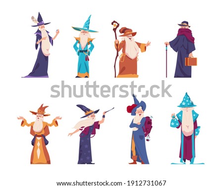Cartoon wizard. Magician old characters with beard wear long robes and pointed hats. Senior wise sorcerers cast magical spells. Cheerful warlocks hold mystery magic tools. Vector medieval wizards set 商業照片 © 