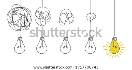 Messy lines and bulb. Idea concept with outline lamps. Doodle tangled cord with knot and broken illuminator. Process of untangling wire to supply electricity to lightbulb. Vector metaphor illustration