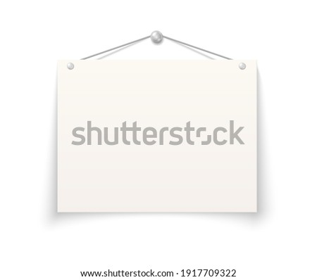 Realistic blank paper signboard. White banner mockup with copy space hanging on silver metal button. Square empty cardboard sheet for important messages. Vector isolated reminder mounted on wall
