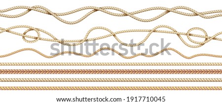 Realistic ropes. 3D natural sailor twisted threads. Seamless jute cords borders with intertwined texture. Isolated straight and curved marine hemp cables. Vector braided twine set in nautical style