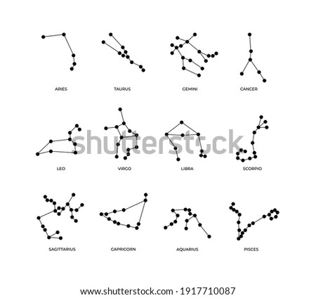 Zodiac signs. Abstract sketches of astrological symbols. Schematic arrangement of stars in constellations. Black points connected by lines. Predicting future with horoscope. Vector outline icons set