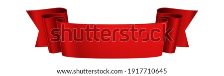 Red ribbon. Realistic glossy banner, 3d festive or advertisement wavy elegance tape, empty curled paper or satin decorative element, blank vector decor with copy space isolated on white background