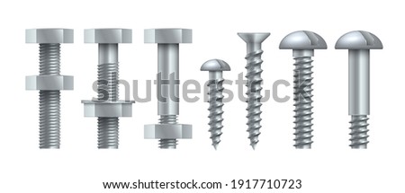 Realistic steel self-tapping. Metal bolts with tightened nuts. Stainless threaded nails with polygonal and round heads. Silver colored hardware assortment. Vector isolated set of building equipment