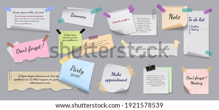Sticky notes. Realistic reminders on adhesive tapes with clip binders and pins, torn notebook sheets. Writing memos on crumpled notepapers with folded corners. Vector colorful paper pages and lists
