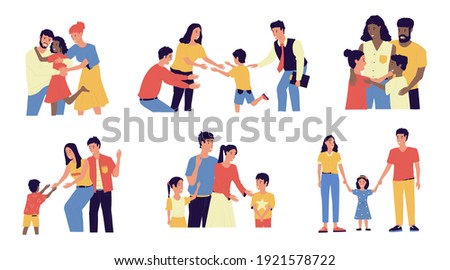 Adoption. Cartoon young couple adopt happy international kids. Cute scenes of cheerful foster parents. Caring for orphan. Mother and father hugging children. Vector multiracial families illustration 商業照片 © 