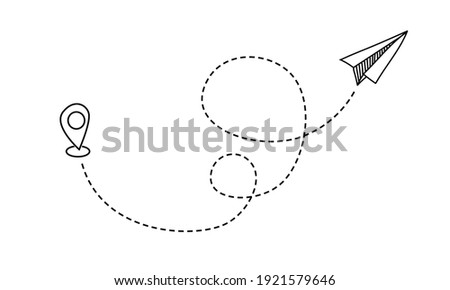 Plane travel line. Hand drawn flight route. Flying aircraft with winding dotted trace. Dashed path of paper airplane in sky and location symbol. Vector transportation by airline or message delivery