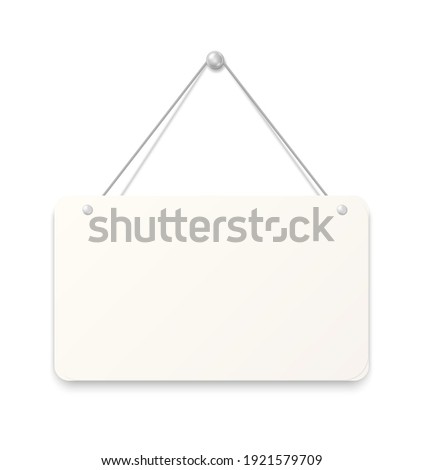 Hanging sign. Realistic blank signboard. White paper sheet attached to wall with metallic button. Empty square cardboard with rounded edges. Reminder pinned by silver metal nail. Vector signage mockup Stockfoto © 