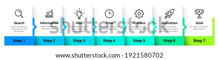 Step diagram. Flowchart infographic design, sequence of business process. Square frames set with text and arrows. Horizontal timeline schema. Vector information visualization template for presentation