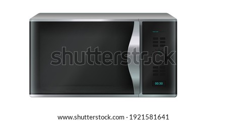 Microwave. Realistic kitchen appliance. Domestic electronic household equipment. Control panel with buttons and timer. Front view of vector electrical stove for cooking and heating or defrosting food
