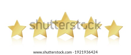 Five gold stars. 5 star rating realistic leadership symbol. Glossy yellow metallic winner champion rating.  illustration stars restaurant or hotels satisfaction quality service