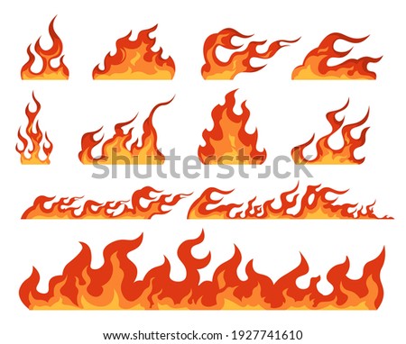 Fire flame. Cartoon bonfire and fiery borders decorative elements. Isolated bright red and orange blaze, warning signs of flammable objects. Colorful templates for burning building, vector hot set