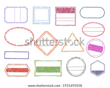 Grunge stamp. Blank geometric stamps. Ink imprints set with copy space. Round, square or triangular impress of rubber signs. Empty contour seals and labels mockup for branding. Vector colorful frames