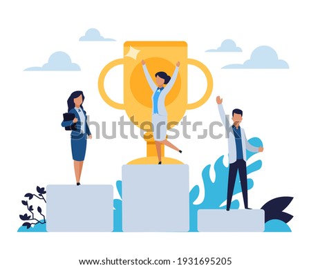Business success. Cartoon people standing on winner stepped pedestal. Leadership concept. Characters achieve victory in competition. Happy workers with golden cup. Vector rewarding office employees Stockfoto © 