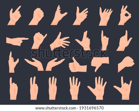 Hand gestures. Cartoon human arms, isolated palms positions. Pointing and counting with fingers. Clenched fist or OK sign. Collection of gestural communication icons. Vector web stickers template set