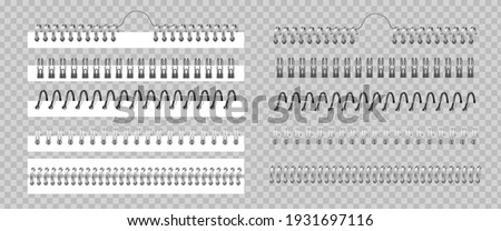 Metal binder. Realistic silver or black spiral coils for notebook. 3D helical fastening sheets set and sketchbook bindings rings on transparent background. Vector wire for stitching calendar pages Сток-фото © 