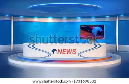 News room. Realistic studio for recording TV programs. 3D interior, newscaster's table and presentation monitor, spotlight and world map. Vector television broadcasting of live streaming reportage
