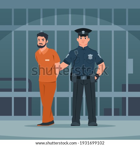 Policeman arrest thief. Cartoon police officer and caught bandit. Policeman escorts criminal to jail. Jailer leads convicted man to prison cell. Lawbreaker punishment. Vector scene of imprisonment