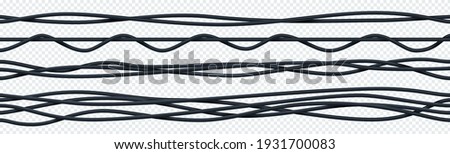 Realistic electrical cable. 3D seamless flexible insulated electric copper wires. Curved bunch of black ropes. Intertwined wiring on transparent background. Vector industrial electricity equipment set