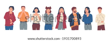 Surprised people. Excited and wondered cartoon characters with raised hands and happy faces. Young men and women feeling astonishment. Isolated amazed persons set standing in row. Vector expression