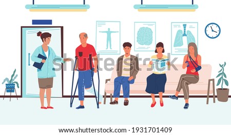 People wait in hospital. Appointment queue in clinic, disabled injured patient talking to doctor in waiting room interior. Aid reception vector concept of healthcare, medical examination and treatment