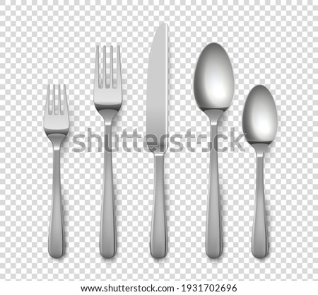 Realistic cutlery. 3D metallic forks and knives or spoons. Isolated metal glossy objects for table setting on transparent background. Top view of silverware set. Vector flatware from stainless steel