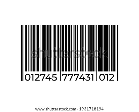 Black barcode icon. Graphic bar code sign. Product labeling, sign for scanning in supermarket. Series of vertical straight lines and numbers. Isolated shop tag, vector identification label template