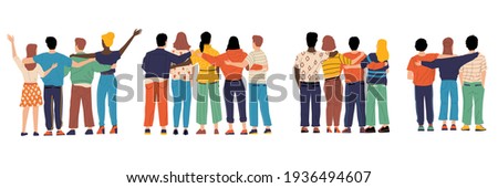 Friends from behind. Hugging happy characters back view, friendship illustration with boys and girls standing together. Group of friends, men and women good relationships vector set