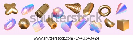 Render shapes. Abstract geometric holographic or golden minimal elements. 3D rainbow and metallic figures set. Glossy cubes, cylinders and spheres. Vector forms with color gradient