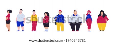 Body positive. Overweight men and women suffer from obesity. People on unhealthy cholesterol diet, plus size persons with weight acceptance standing in row. Vector obese characters set