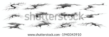 Earth cracks. Realistic earthquake ground damage. 3D holes and fissures in concrete, destructed fractured wall. Broken surface templates set. Deep splits and crevices, vector ruins