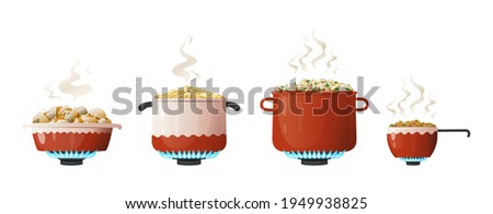 Cooking pot. Cartoon saucepan and kitchenware equipment on gas with boiling food and steam. Utensil for preparing meal on fire. Household crockery set. Vector side view of dinnerware