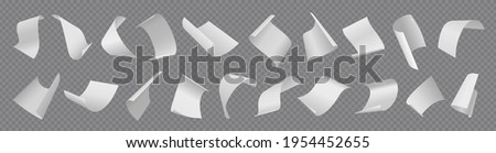 Paper sheets. Flying blank document pages. Realistic falling notes set on transparent background. 3D empty letters loose soar. Curved notepapers with folded corners. Vector memos flight