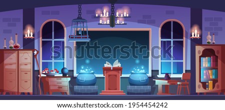 Magic school. Magician classroom interior with potion, spell book or broom. Witchcraft laboratory. Room furnishing with bookcases and candles. Vector sorcerer workspace illustration Foto stock © 