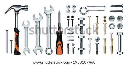 Realistic mechanic tools. 3D construction instrument set. Metal wrench and hummer, isolated screwdriver. Iron nails or screws with dowels. Hex nuts and eye hook. Vector hardware store