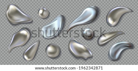 Realistic metal drops. 3D chrome paint splash. Mercury drip and liquid silver blob shapes. Melted smears or round droplets on transparent background. Vector glittering brushstrokes set