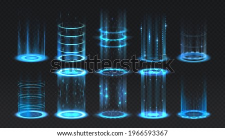 Realistic portal. Level up and teleportation process game effect, futuristic lighting and bright wrap aura. Glowing neon energy circles set. Vector vertical teleport with luminous beams