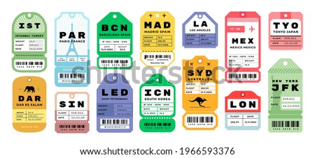 Airplane travel tags. Airport baggage tickets with stamps. Bright badges set for tourists' luggage. Airline coupons from different cities. Vector labels with tear off line and barcode