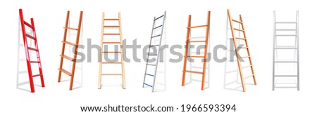 Realistic stairs. 3D staircase lean on wall. Isolated construction stepladder. Metal or wooden ladder set with shadow. Household tools for repairs and building. Vector work equipment