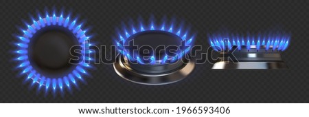 Gas burner. Realistic blue fire stove. Kitchen appliance flame for cooking food. Top and side view of burning blaze on transparent background. Vector oven heating with propane fuel