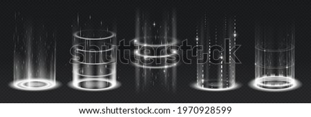 Level up effect. Realistic teleportation portal. Light aura and glowing hologram. White energy circles and rays on transparent background. Innovation technology. Vector teleports set Stockfoto © 