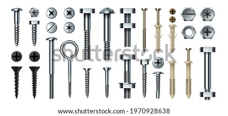 Bolt and screw. Realistic metal fasteners with nuts. 3D hardware assortment. Top and side view of different steel nail types. Tools for building and repairs. Vector self-tapping set Сток-фото © 