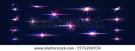 Sparkle light. Lens flares. Realistic shine effect. Glowing stars and camera flashes. Glittering elements set with blue and violet gradient. Bright starlight. Vector blinding glares ストックフォト © 