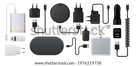 Charge smartphone. Realistic wireless charger. 3D energy battery refuels. Plug socket with USB cords. Auto charging adaptor. Isolated devices for mobile. Vector digital accessories set