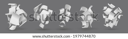 Falling paper. Realistic flying pages. Blown away 3D white sheets. Clear paperwork letters. Group of isolated curved empty documents set. Vector loose soar of notes with curled edges