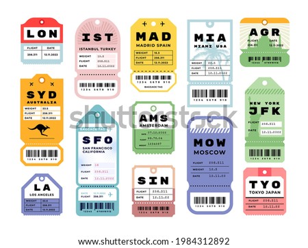 Travel stickers. Airport vintage luggage labels. Retro baggage tags. Colorful flight cardboard badges with barcodes. Airline coupons from various cities. Vector airplane tickets set